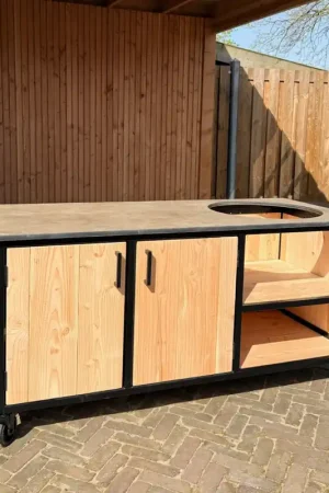 Uitverkoop Buitenkeuken Douglas en staal met opbergkast en Taupe HPL werkblad - Lengte 180 cm
